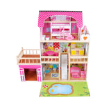 Wooden Doll House with LED Light, Swimming Pool and Garage