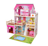 Wooden Doll House with LED Light, Swimming Pool and Garage